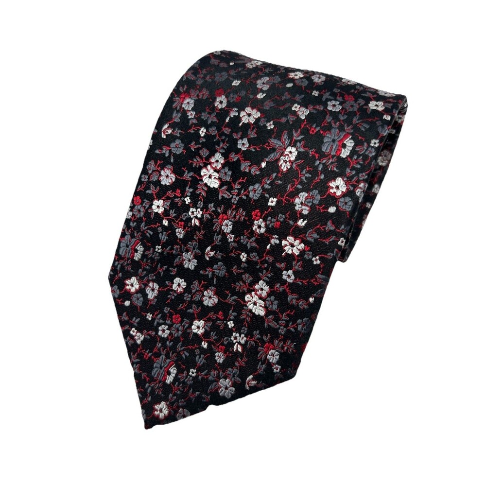 Bruno Piattelli 100% Silk Handmade Black Red Gray Floral Necktie 59.75"x 3.75"